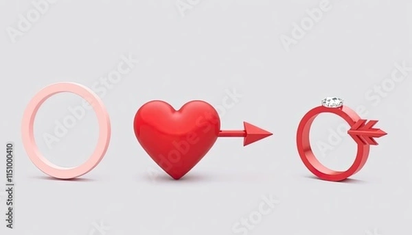 Fototapeta 3D Valentine icons of a heart, cupid’s arrow, and a sparkling diamond ring.