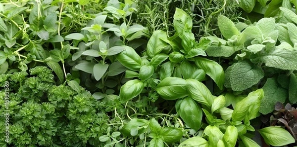 Fototapeta A vibrant potted herb garden with a selection of different herbs in terracotta pots under natural light.