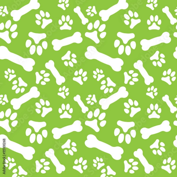 Fototapeta Seamless pattern with white dog paw prints and bones on a green background