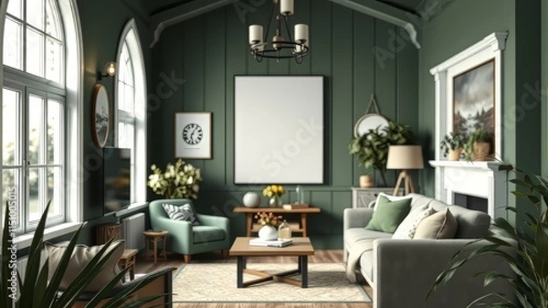 Fototapeta Farmhouse Living Room Mockup - Dark Green Interior Close-Up 3D Render