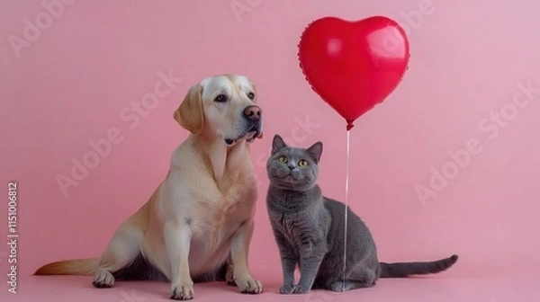 Fototapeta A friendly Labrador dog and a gray cat sit side by side, gazing at a red heart-shaped balloon. Love, romance, hearts, affection, togetherness, Valentine Day celebration concept