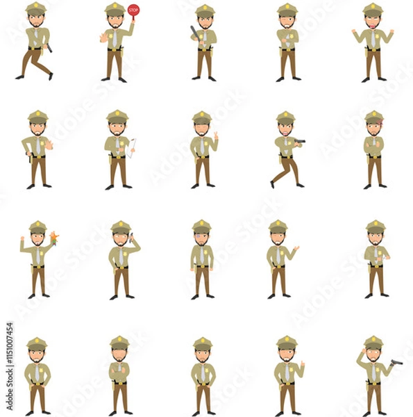 Fototapeta Simple flat police man officer vector character in a set of multiple poses. Easy to edit and isolated on a white background. Modern trendy style character mega pack with lots of poses.