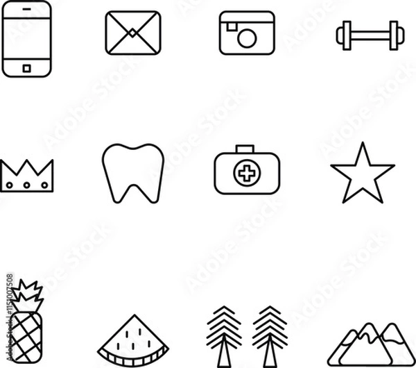 Fototapeta Efficiency - thin line vector icon set. Pixel perfect. Editable stroke. The set contains icons: phone, message, camera, crown, weight, star, medical, dental, pineapple, watermelon, pine