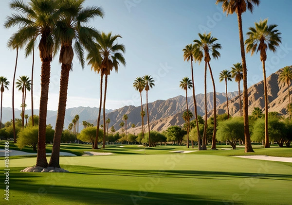 Obraz Golf course with palm trees and sand dunes in the background