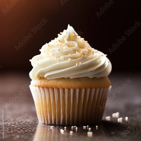 Fototapeta Delightful Vanilla Cupcake Topped with Creamy Frosting and Sprinkles on a Dark Background for Dessert Lovers and Baking Enthusiasts
