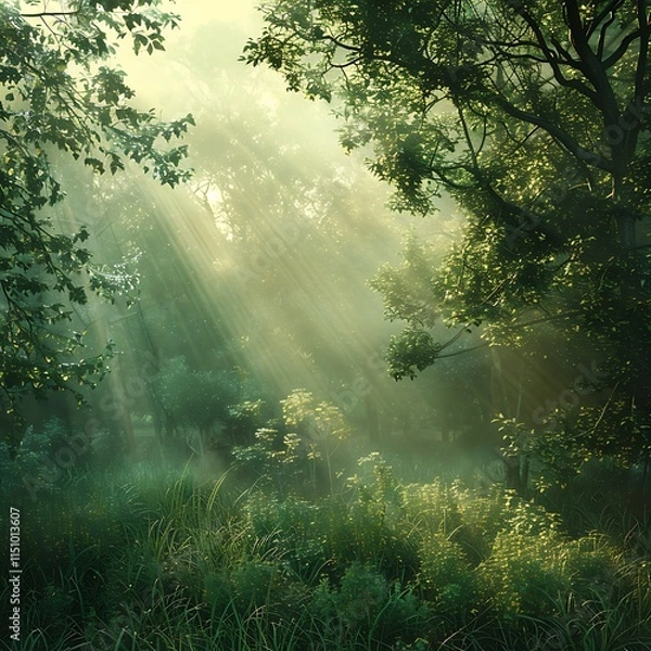 Fototapeta Solo Climber in Vibrant Forest with Sunlight Rays, Serene Forest Pathway at Dawn, Forest with Lush Green Undergrowth - Peaceful Woodland Landscape.
