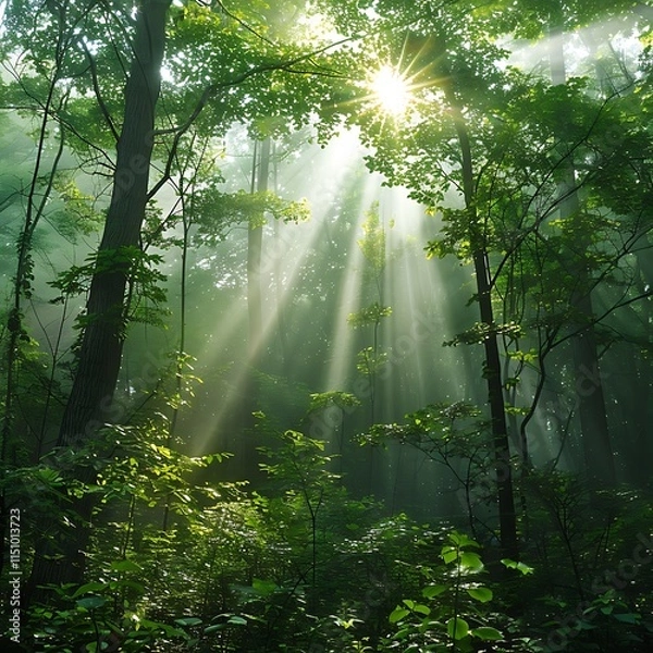 Fototapeta Solo Climber in Vibrant Forest with Sunlight Rays, Serene Forest Pathway at Dawn, Forest with Lush Green Undergrowth - Peaceful Woodland Landscape.