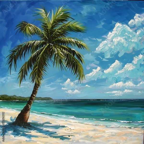 Fototapeta Palms on a beautiful beach and clear sea water, beach with palm trees, Beautiful palm tree on tropical island beach on background blue sky with white clouds and turquoise ocean on sunny day.

