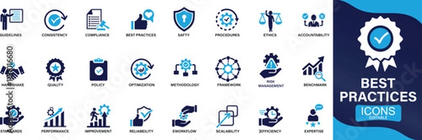 Obraz Best practices icon set. workflow, guidelines, performance, standards, improvement, protocols You can easily change the color.