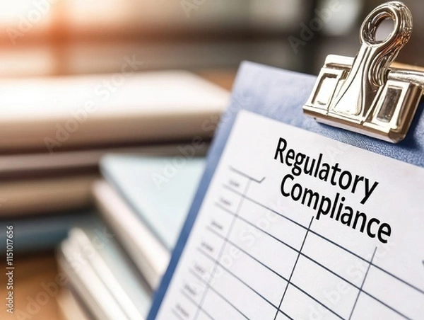 Obraz financial compliance legislation concept. Regulatory compliance checklist on a clipboard with documents in background.
