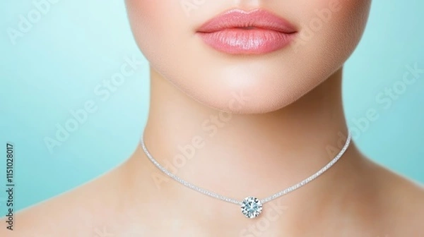 Obraz A beautiful woman wearing a luxury diamond necklace, with a close-up on her neck against an isolated background, suitable for a jewelry store banner.