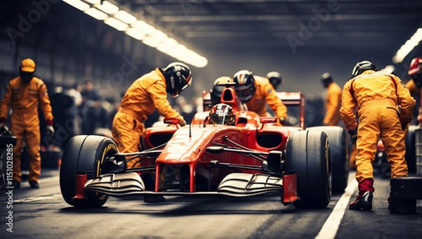 Fototapeta A Dynamic Image of a Formula One Race Car with Pit Crew Ready for Action
