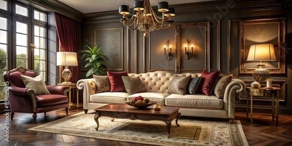 Fototapeta Elegant Burgundy & Cream Living Room - Dark Walls, Urban Exploration Interior Design