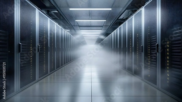 Fototapeta Misty server room with rows of data storage cabinets.