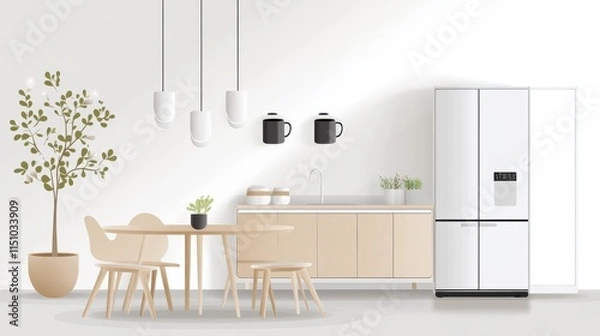 Fototapeta Modern kitchen interior design with dining table, chairs, and refrigerator, stylish functional