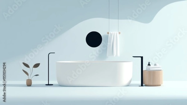 Fototapeta Luxury modern bathroom design, elegant white tub and sleek black sink in minimalist style