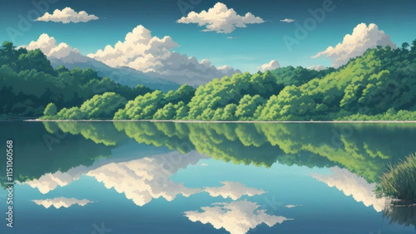 Fototapeta Illustration of an anime landscape background featuring soft clouds reflecting on a calm lake with vibrant greenery surrounding it.
