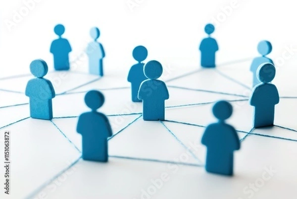 Fototapeta A Creative Conceptual Illustration of Connectivity and Networking Represented by Blue Wooden Figures Connected by Threads on a Clean Background