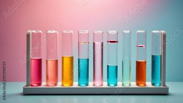 Fototapeta Colorful Test Tubes Arranged in a Laboratory With Vibrant Liquids Against a Pastel Background