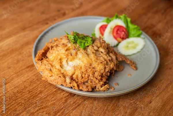 Fototapeta Closeup of a simple egg omelet with herbs