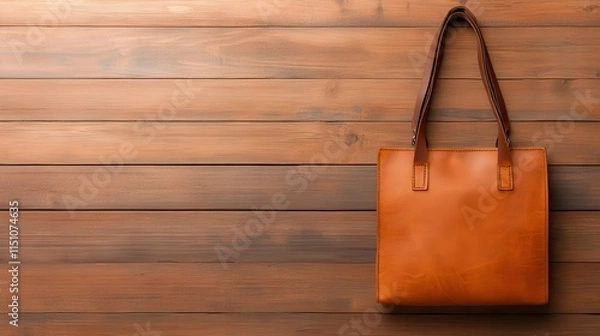 Fototapeta Elegant and Stylish Leather Tote Bag on Wooden Background for Fashion and Lifestyle Photography, Perfect for Branding and Product Display, Versatile Use in Daily Life