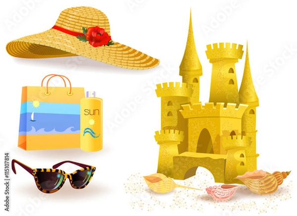 Obraz Sand castle on the sand of the sea, beach bag, spray tanning and sun glasses and straw hat from the sun with large fields isolated on white.