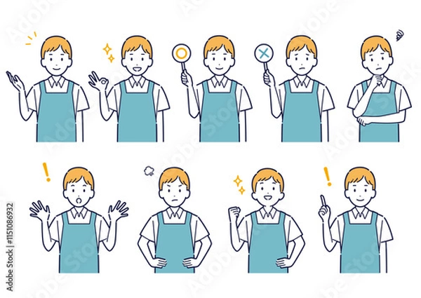 Fototapeta エプロンを着た男性の表情バリエーションセット＿イラスト