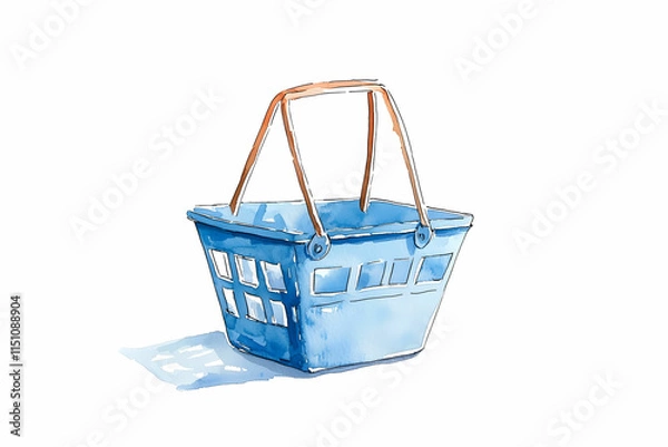 Fototapeta Blue Shopping Basket with Orange Handles, Simple Design, Watercolor Style, Isolated on White Background for Marketing and Retail Use