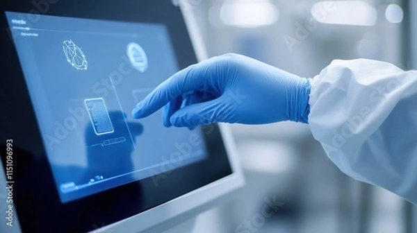Obraz Gloved Hand Interacting with Digital Display in Medical Laboratory Environment for Research and Technology