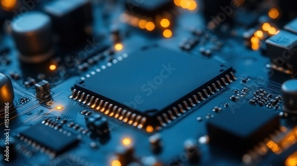 Fototapeta Close-up of a computer circuit board with a central processor.