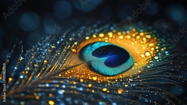 Fototapeta Close-up of a peacock feather with water droplets.