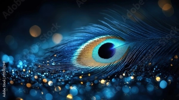 Fototapeta Close-up of a vibrant peacock feather on a sparkling blue background.