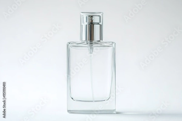 Fototapeta clear glass perfume bottle with minimalist rectangular design and silver spray nozzle isolated on white