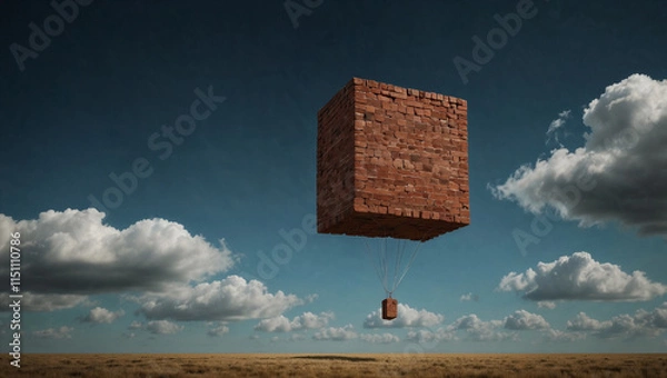 Fototapeta Surreal landscape with block of bricks floating over landscape. Achieving impossible and miracle concept. Copy space.