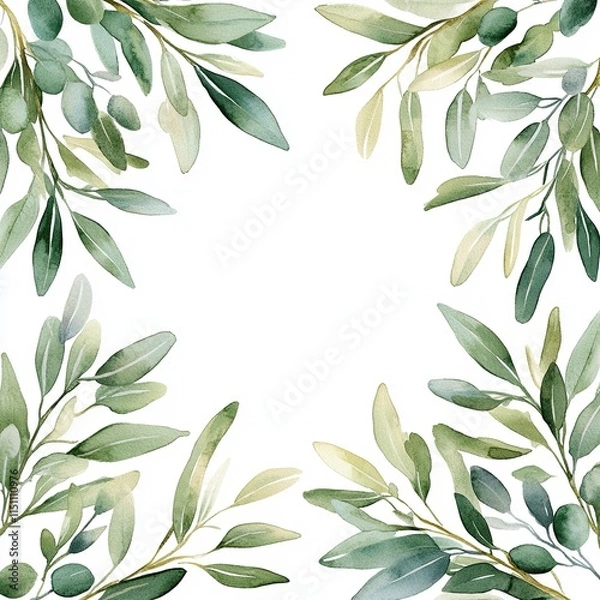 Fototapeta Minimalist Greenery Frame with Watercolor Leaves, Delicate watercolor frame of soft green leaves, creating a natural and elegant design, perfect for invitations, cards, or decor.


