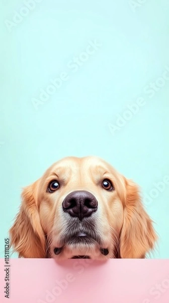 Fototapeta Golden Retriever with Adorable Expression Peeking Over a Pink Edge, Set Against a Minimal Pastel Background for Mobile Phones