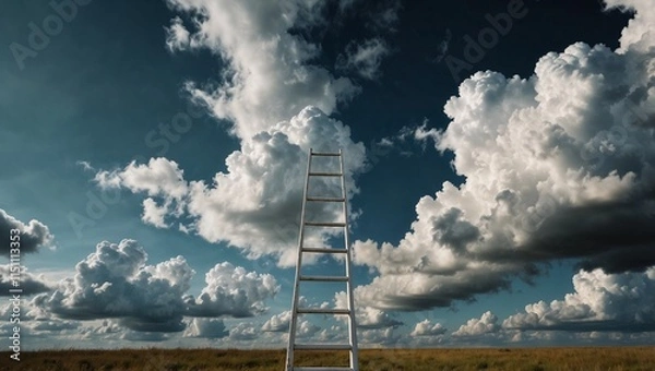 Fototapeta A long leaders finishing in clouds in the sky. Stairway to Heaven concept. Culture and religion idea. With copy space.	