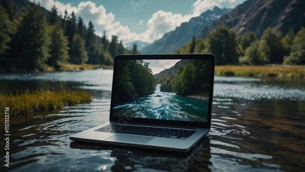 Fototapeta Laptop on a bank of the river. Synergy of nature and technology. Eco friendly industry concept. Copy space.	