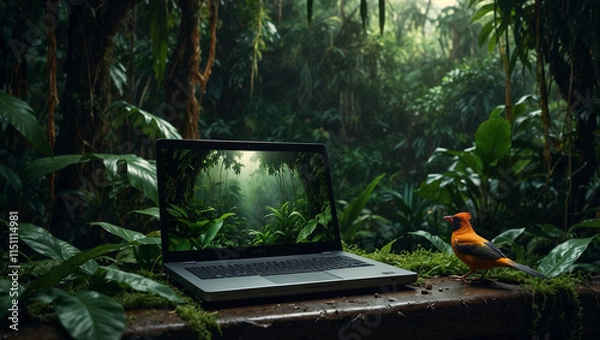 Fototapeta Laptop in a jungle. Synergy of nature and technology. Eco friendly industry concept. Copy space.	
