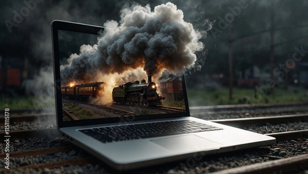 Fototapeta Steam engine train coming out of a laptop screen. Human civilization progress concept. Advance technology idea. With copy space.