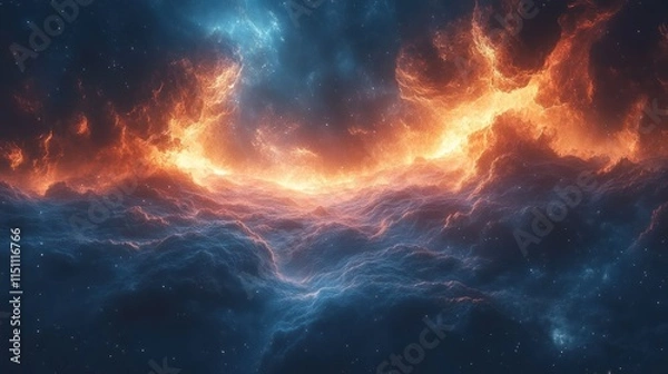 Fototapeta Fiery, celestial cloudscape with swirling nebulae.