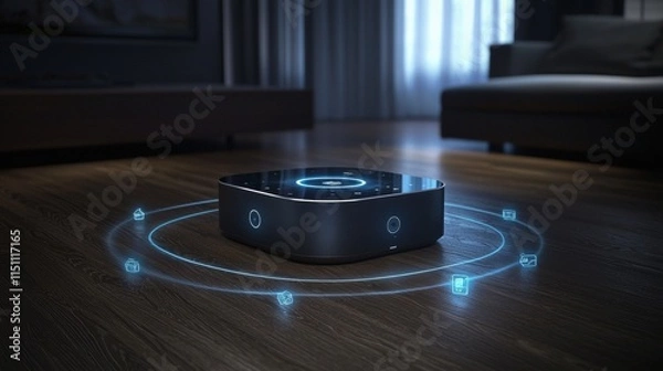 Fototapeta Smart home device operates autonomously in a modern living room during evening hours