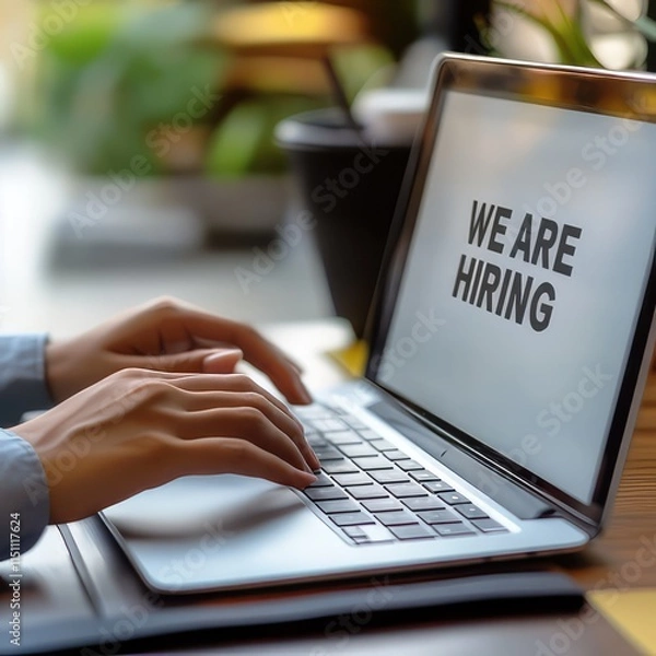 Fototapeta man typing We're hiring on laptop