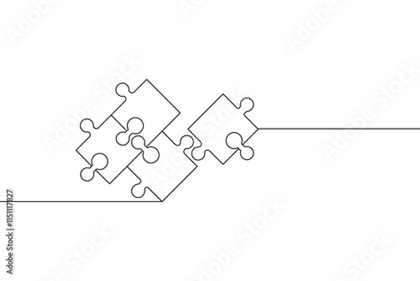 Fototapeta Puzzle icon continuous one line drawing and puzzle game isolated outline flat vector illustration