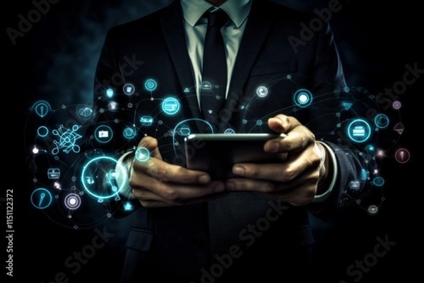 Fototapeta Businessman in suit holding a phone with glowing icons around him. AI generative. .