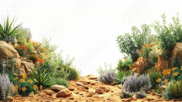 Fototapeta Stone path through vibrant wildflowers and foliage. AI generative. .