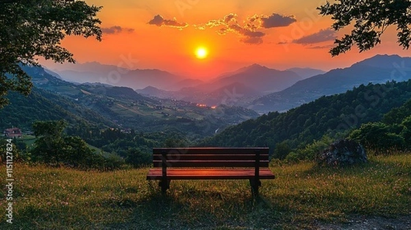 Fototapeta Serene Sunset View from a Mountain Bench