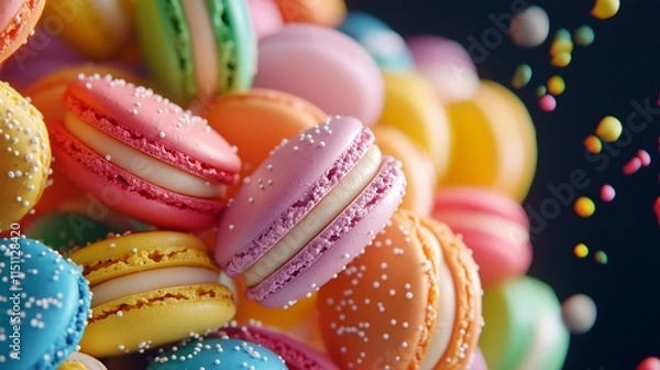 Fototapeta Colorful macarons stacked together, showcasing a variety of pastel hues and decorative sprinkles, creating a vibrant and inviting dessert display.