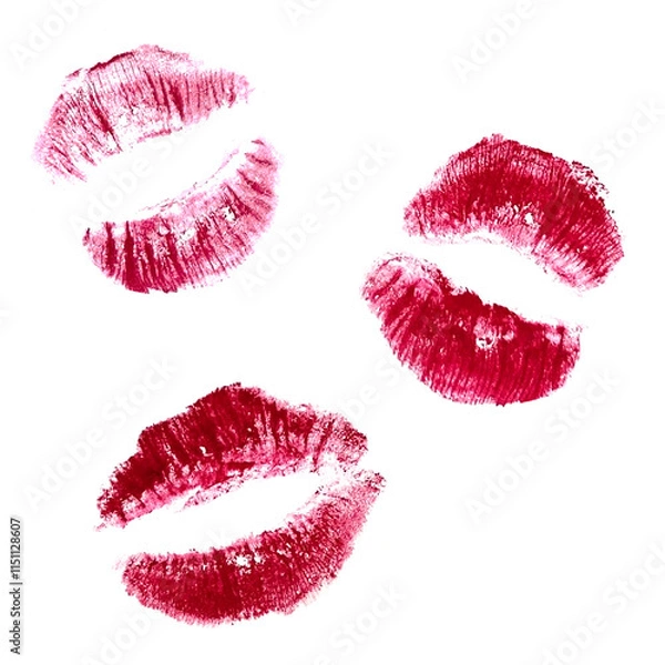 Fototapeta Collection of realistic kiss marks with red lipstick isolated on a white background. Lips icons