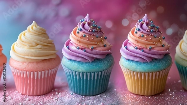 Fototapeta Colorful cupcakes with whimsical swirled frosting and sprinkles for birthday parties and festive occasions, print for National Cupcake Day